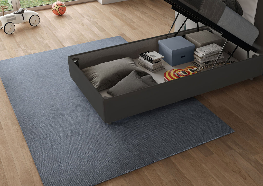 Letto singolo imbottito 80x210 microfibra Antea senza rete, con rete e contenitore