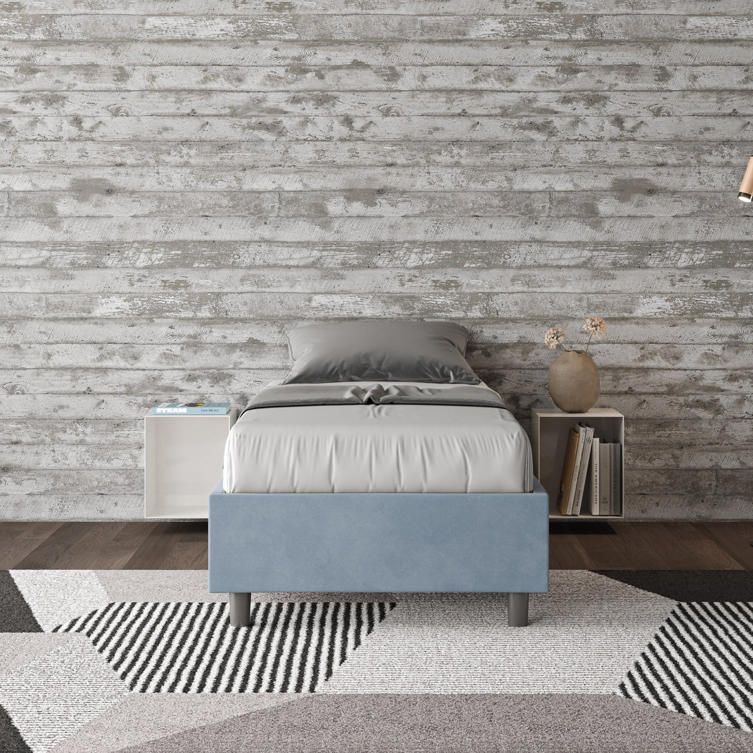 Letto singolo imbottito 90x190 microfibra Azelia con e senza rete e contenitore
