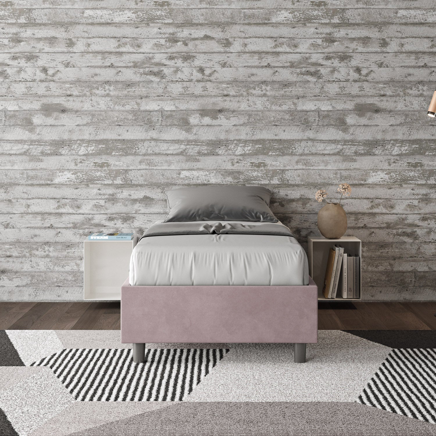 Letto singolo imbottito 80x190 microfibra Azelia senza rete, con rete e contenitore