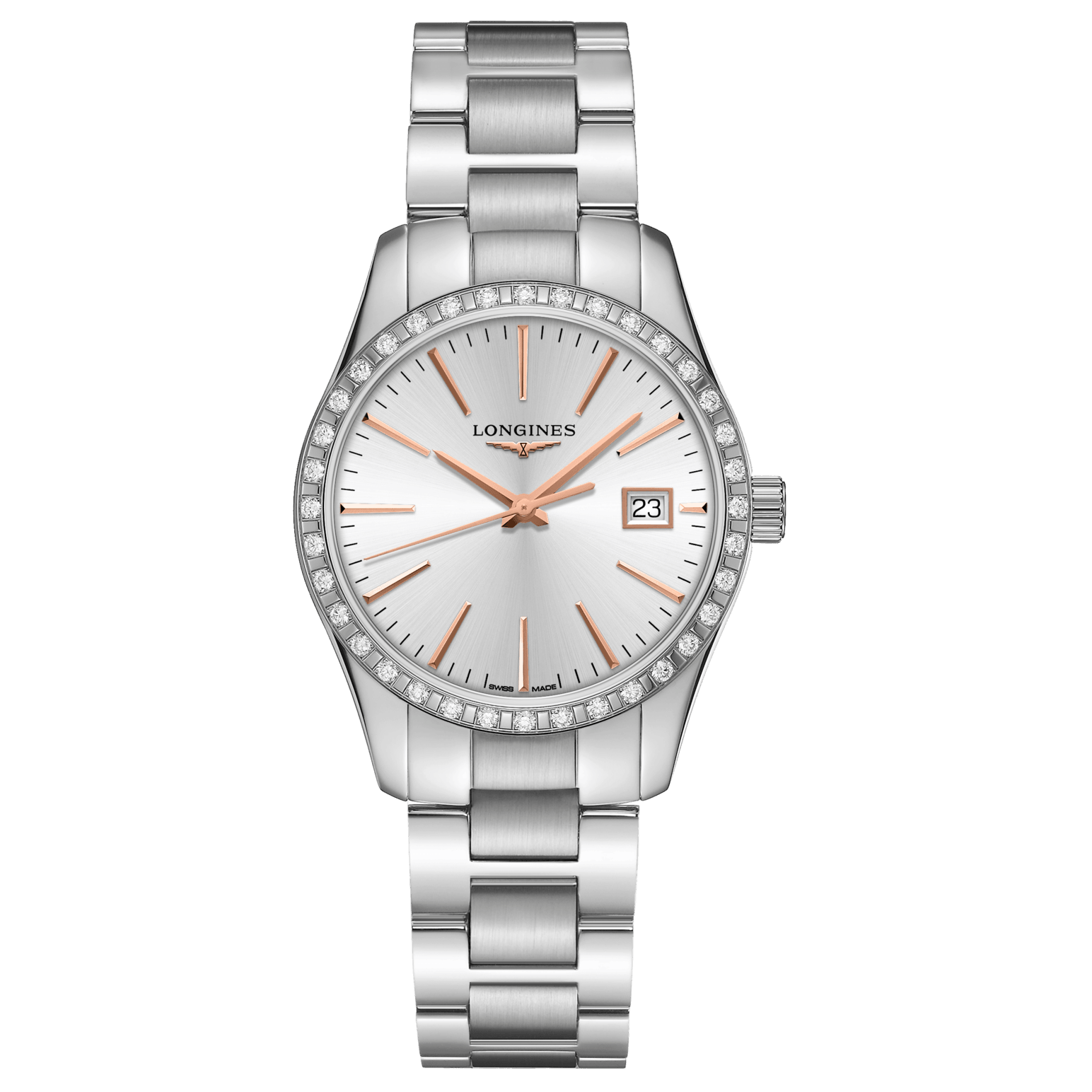 Longines orologio Conquest Classic 34mm argento diamanti quarzo acciaio L2.386.0.72.6