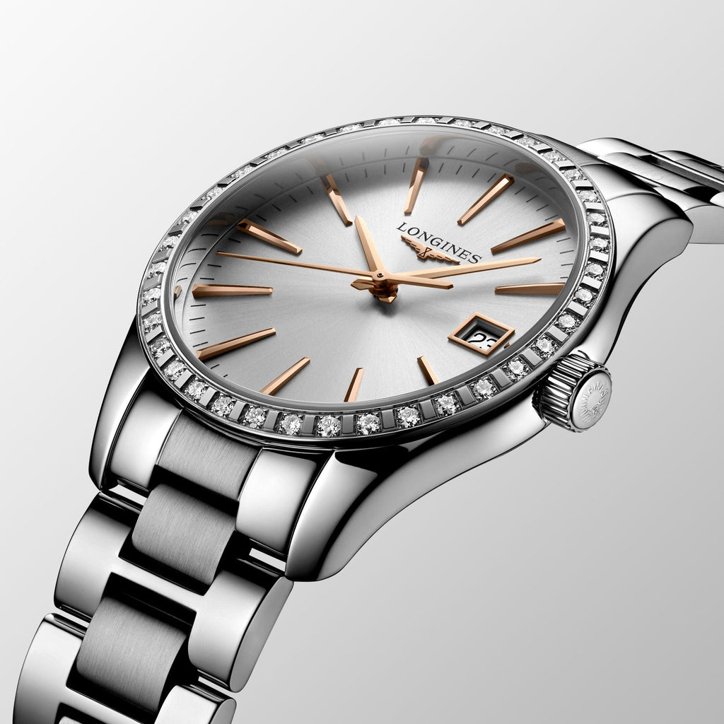 Longines orologio Conquest Classic 34mm argento diamanti quarzo acciaio L2.386.0.72.6