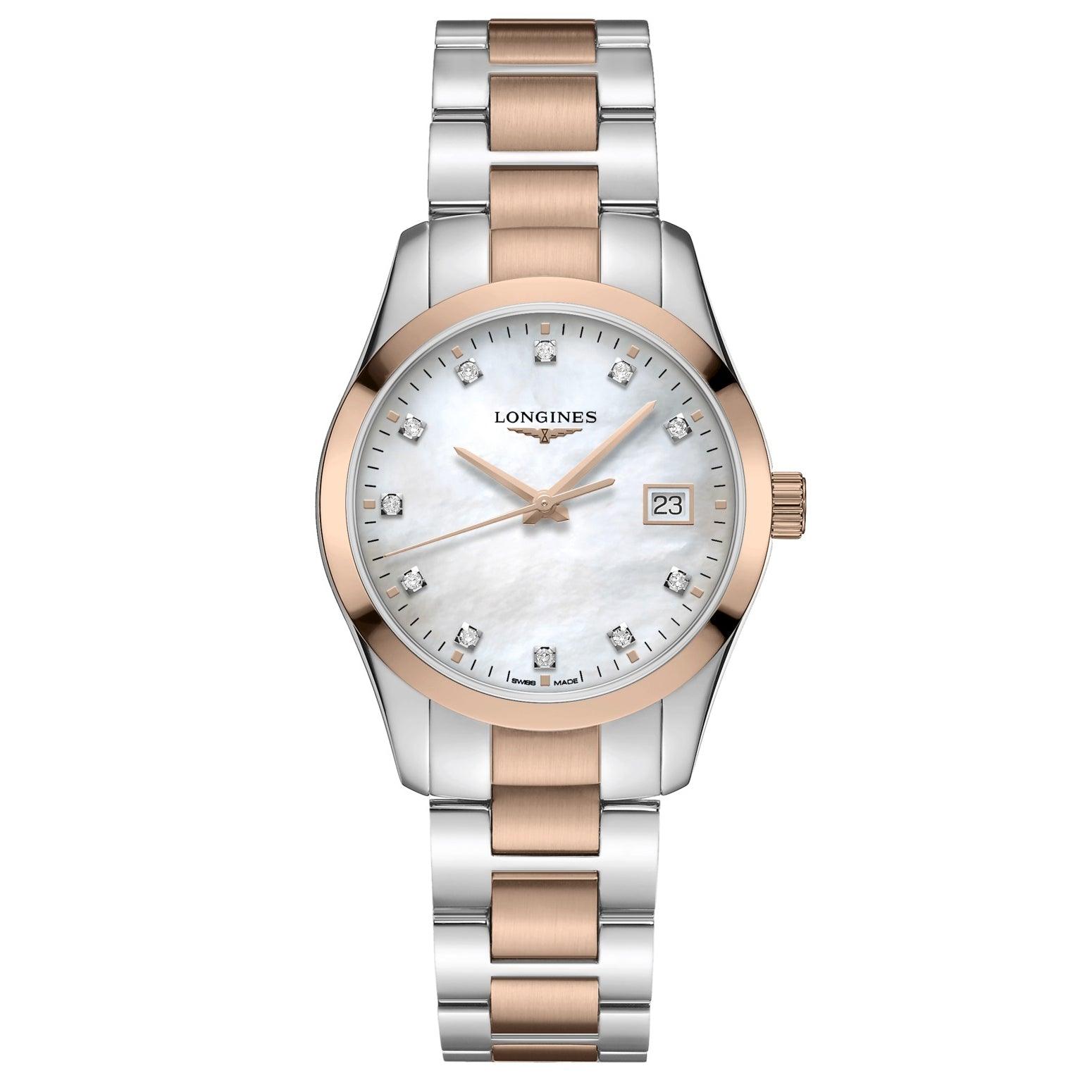 Longines orologio Conquest Classic 34mm madreperla diamanti quarzo acciaio finitura PVD oro rosa L2.386.3.87.7