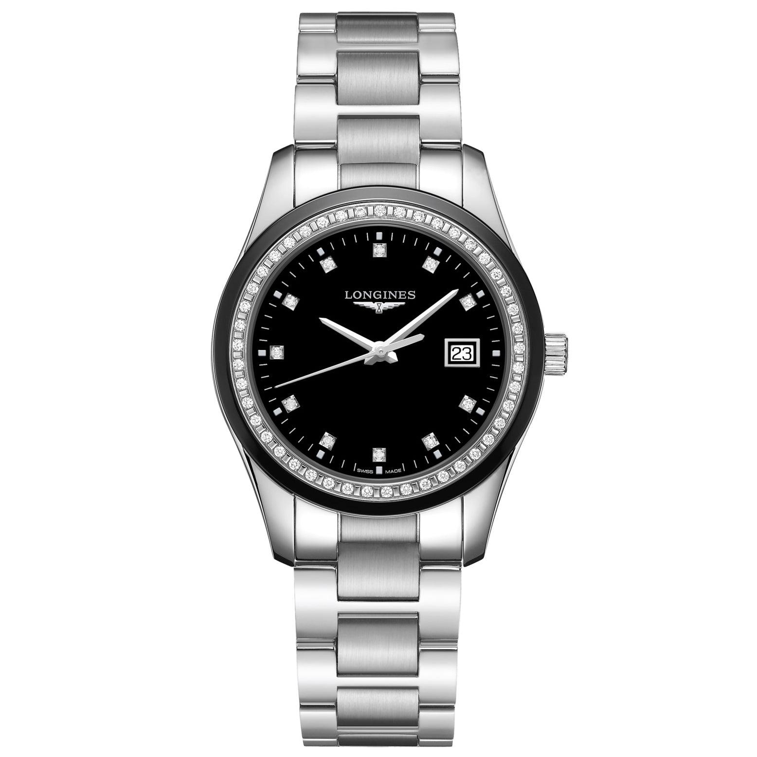 Longines orologio Conquest Classic 36mm nero diamanti quarzo acciaio L2.387.0.57.6