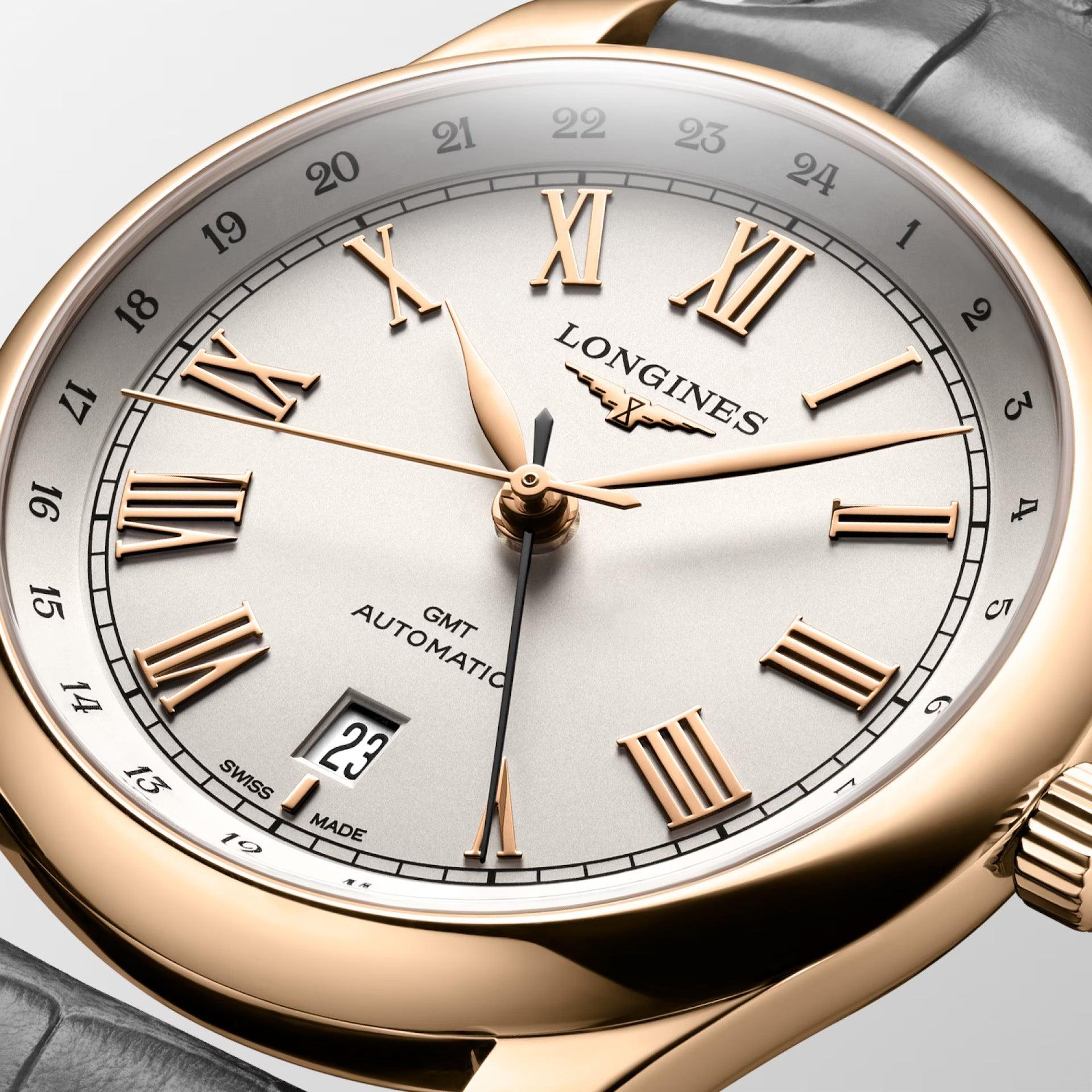 Longines orologio Master Collection GMT 40mm argento automatico oro rosa 18kt L2.844.8.71.2