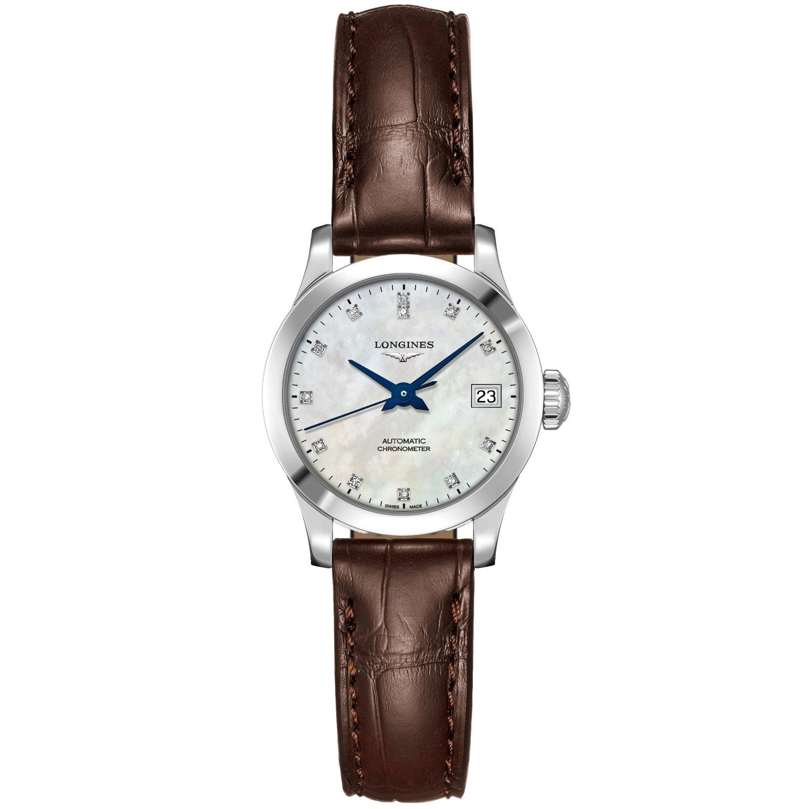 Longines orologio Record collection 26mm madreperla diamanti automatico COSC acciaio L2.320.4.87.2