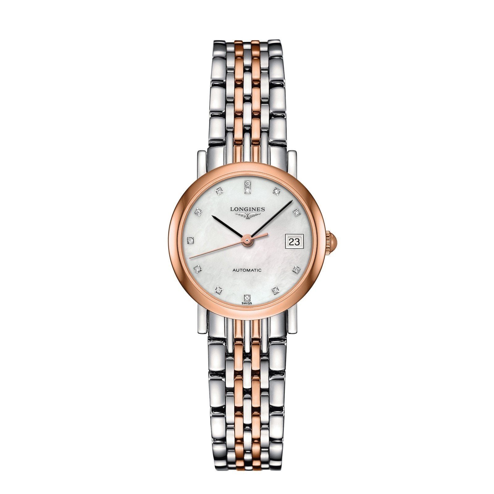 Longines orologio The Longines Elegant Collection 25,5mm madreperla diamanti automatico acciaio e oro 18kt L4.309.5.87.7