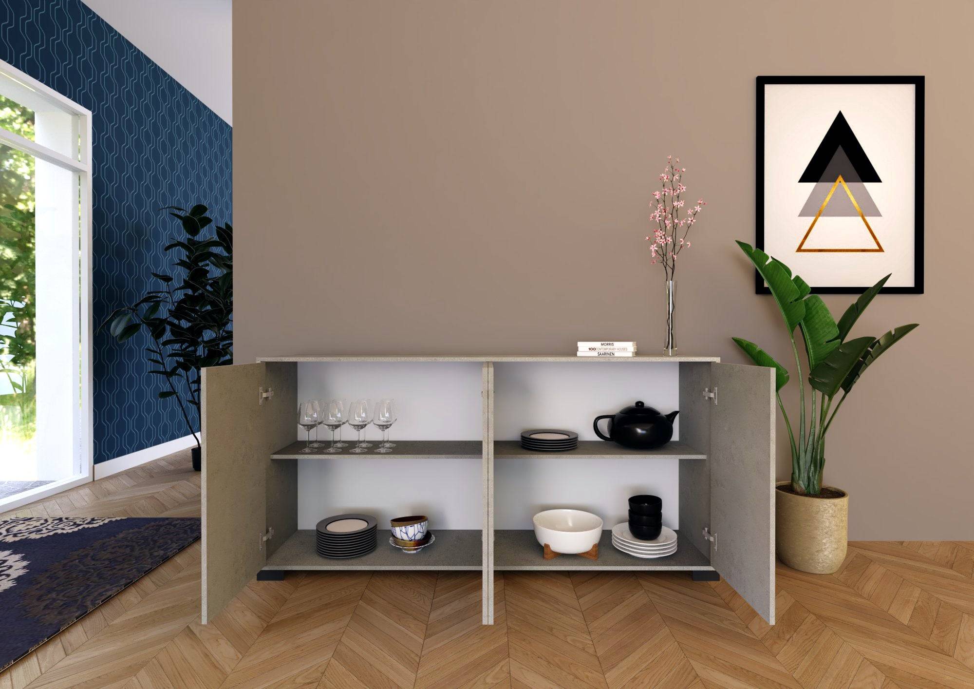 Madia e Porta TV Lumina con ante in bianco lucido e cashmere