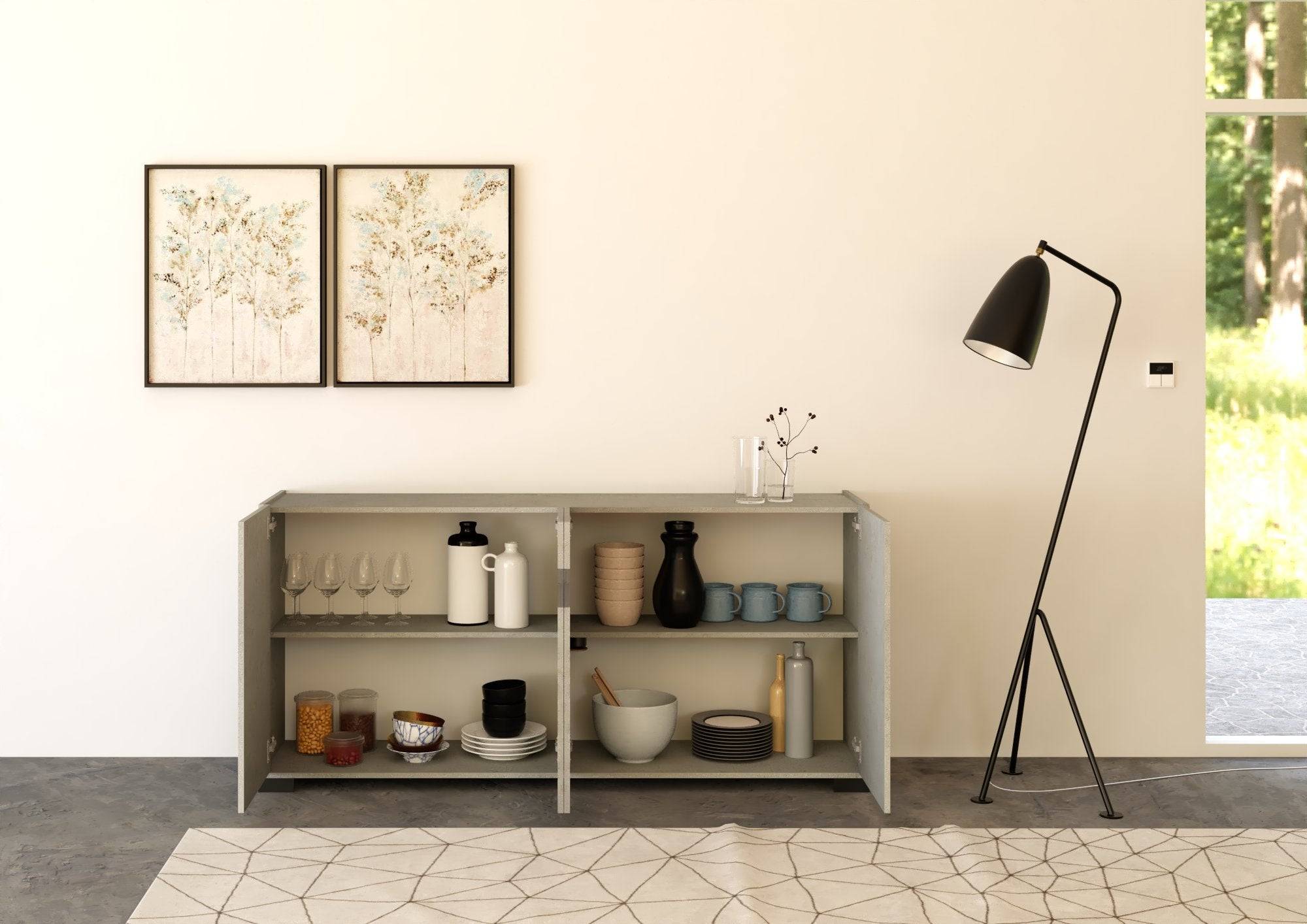 Madia e Credenza alta con Porta TV Riflesso bianco lucido e cashmere
