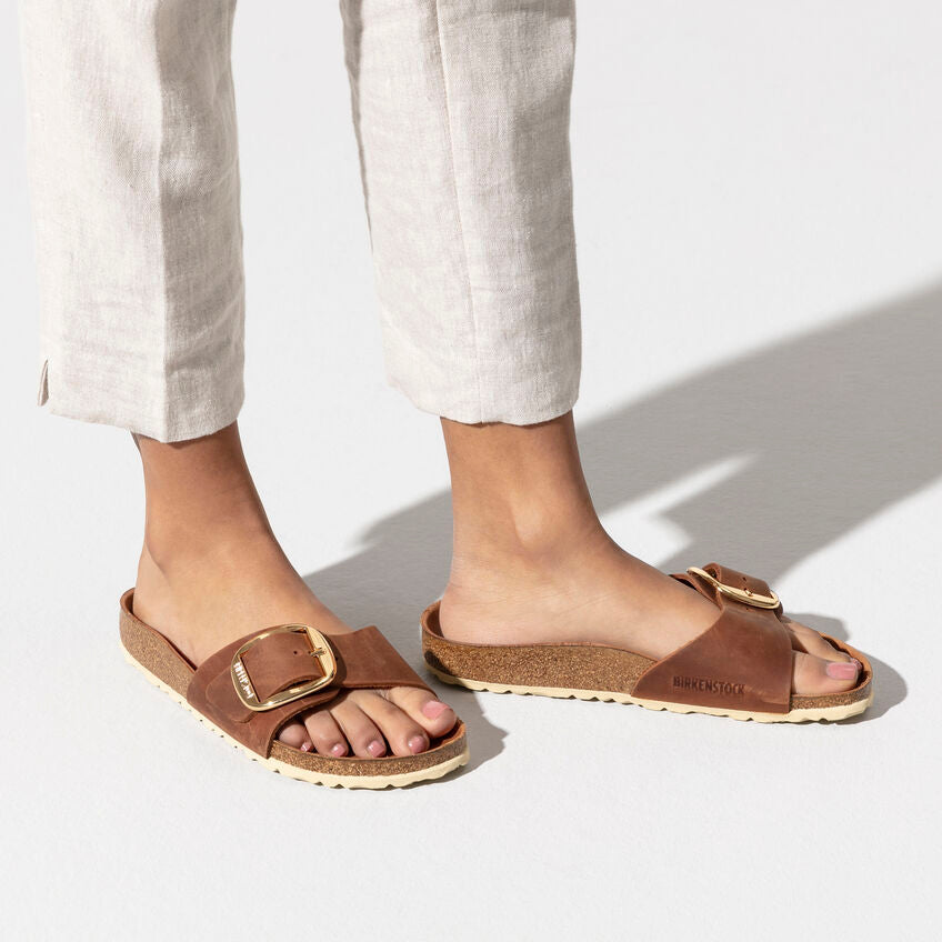 Birkenstock Madrid Big Buckle Cognac pelle Ingrassata Pianta Stretta