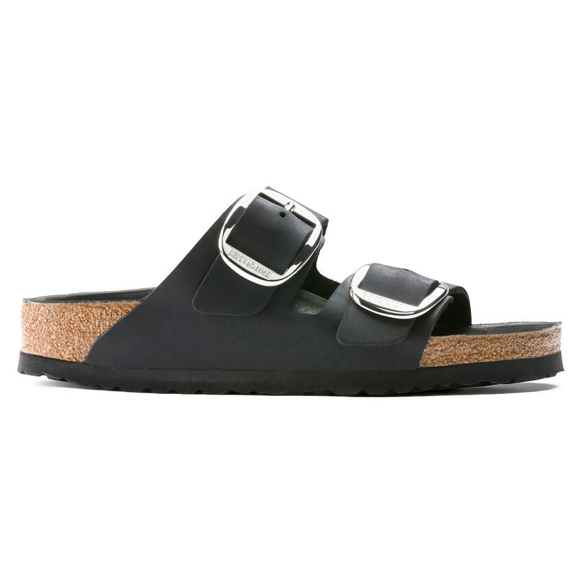 Birkenstock Arizona Big Buckle Nera Pelle Ingrassata Pianta Stretta