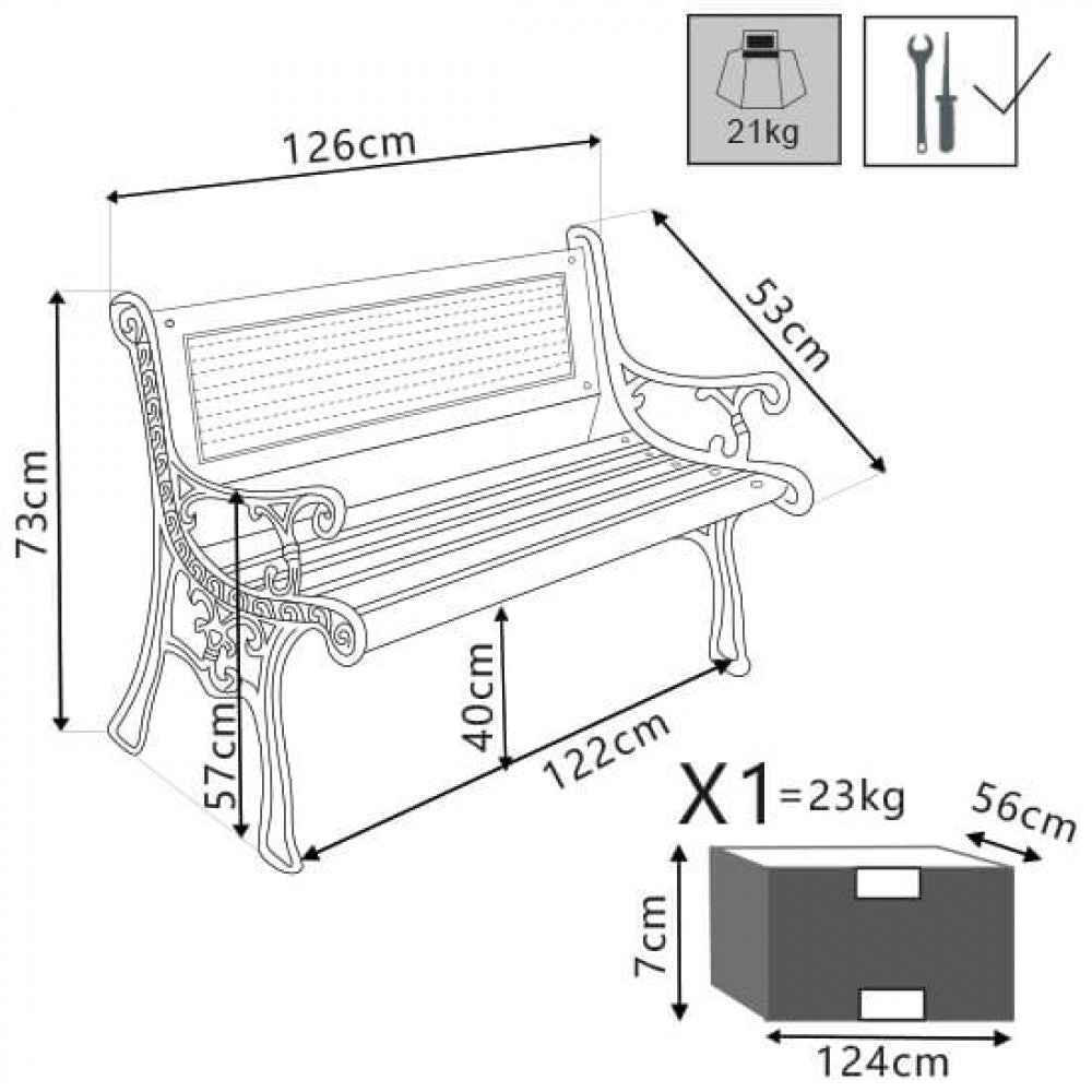 Panca in legno e ghisa Ginevra - Dimensioni: cm 126 x 53 x 73 h