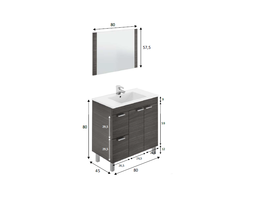 Mobile Bagno Grigio Ceniza 80x45x80 cm con Specchio