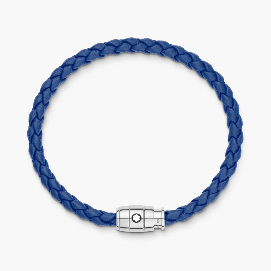 Montblanc bracciale in acciaio con chiusura a 3 anelli e pelle blu misura L 130900 68