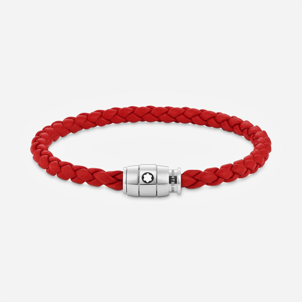 Montblanc bracciale in acciaio con chiusura a 3 anelli e pelle rossa misura L 130903 68