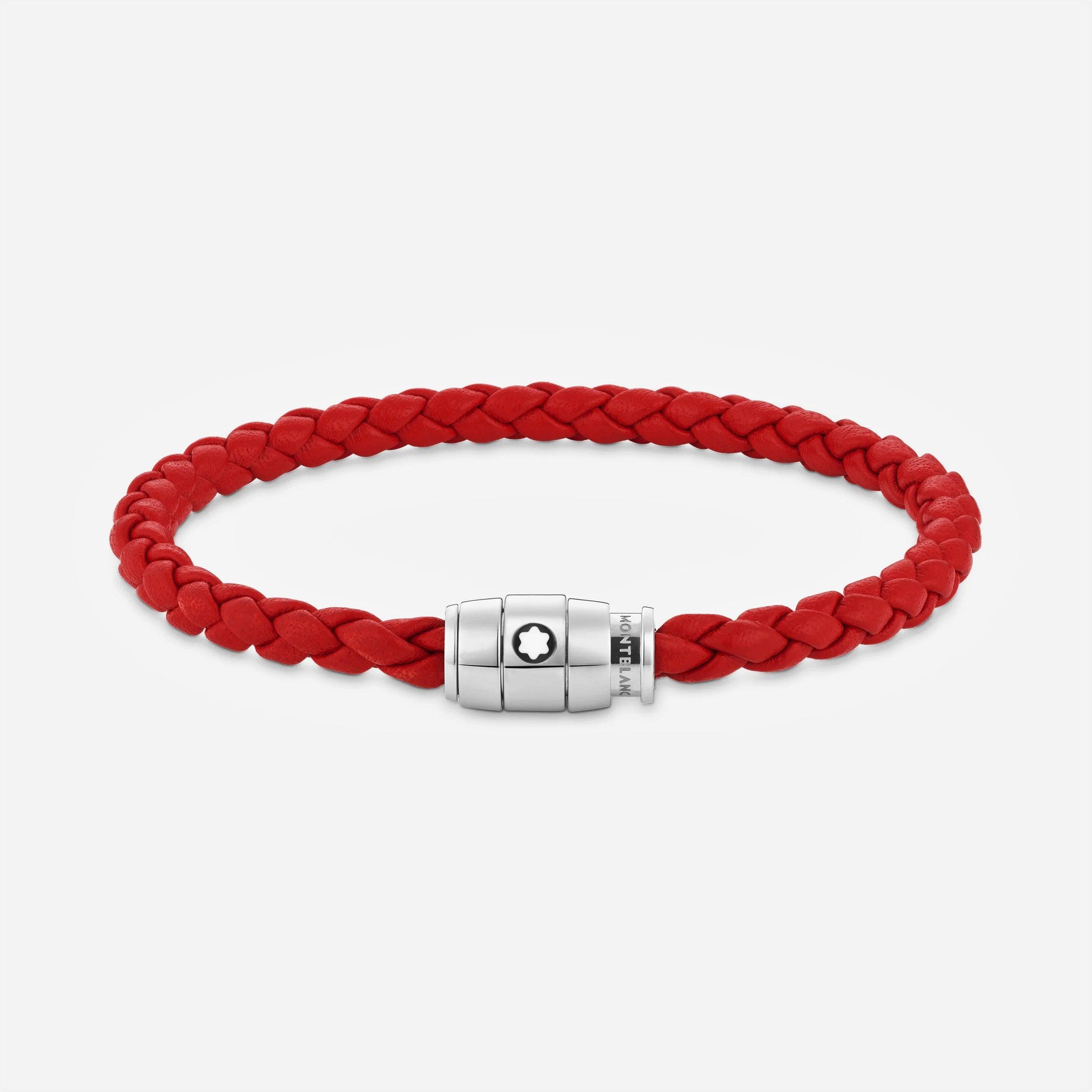 Montblanc bracciale in acciaio con chiusura a 3 anelli e pelle rossa misura L 130903 68