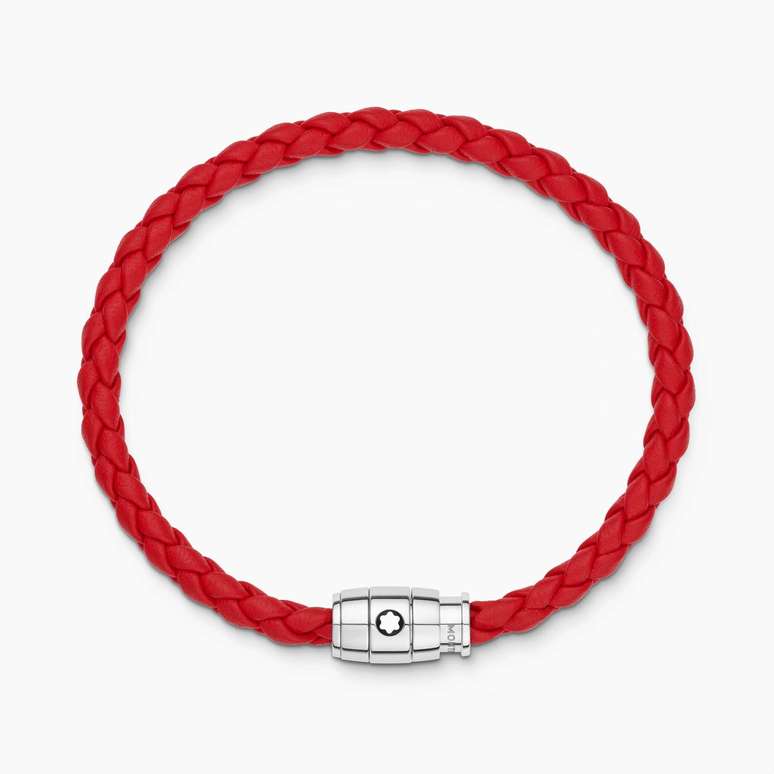 Montblanc bracciale in acciaio con chiusura a 3 anelli e pelle rossa misura L 130903 68