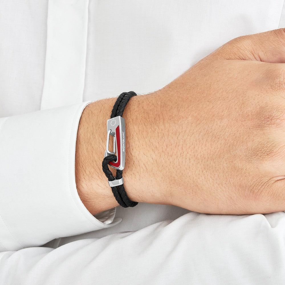 Montblanc bracciale Star pelle nera intrecciata con chiusura moschettone acciaio inserto lacca rossa misura M 11855563