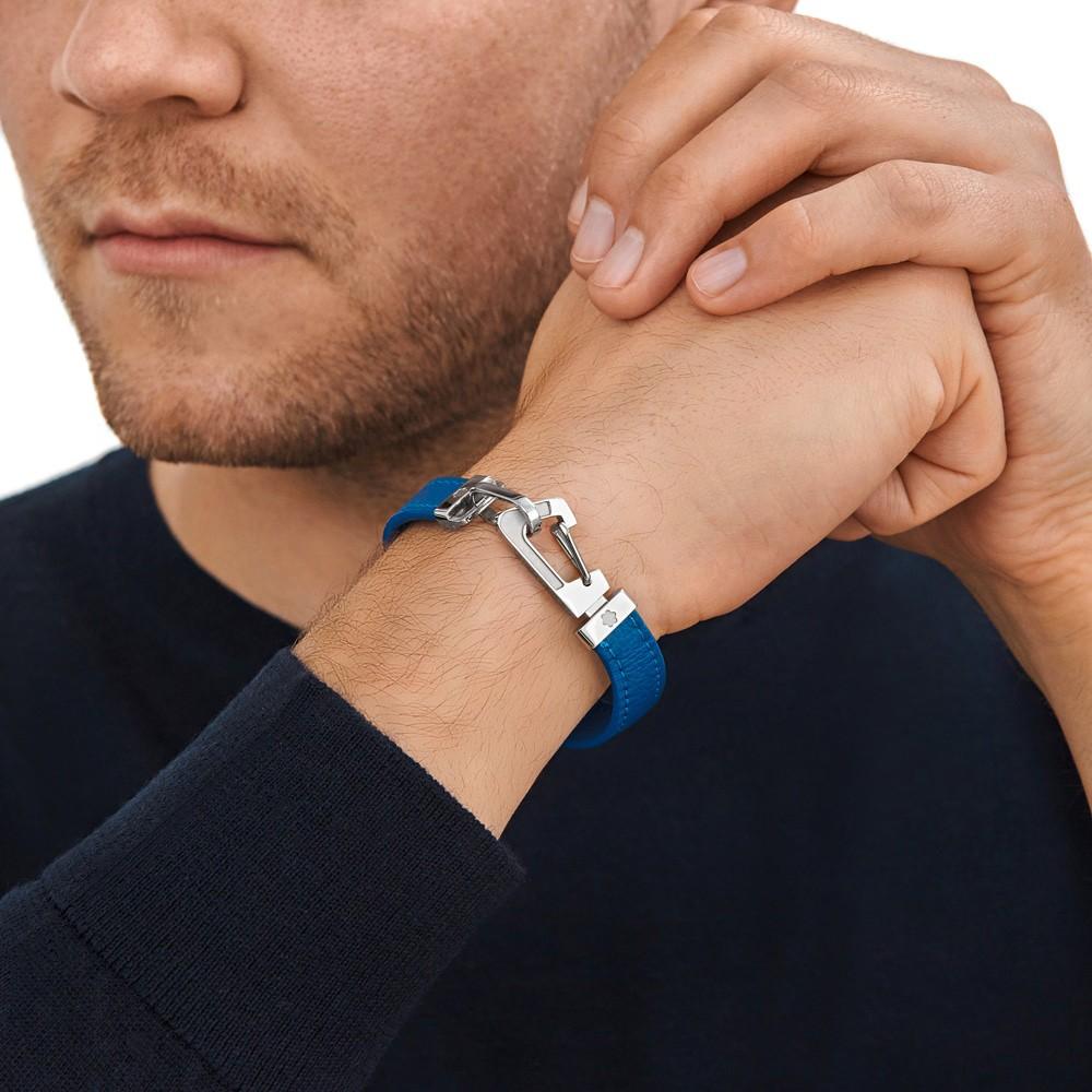 Montblanc bracciale Wrap Me pelle blu e moschettone acciaio misura M 12382363
