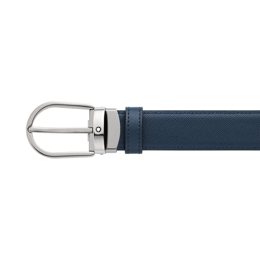 Montblanc cintura 30mm fibbia ferro di cavallo reversibile pelle Sartorial nera/blu 128763