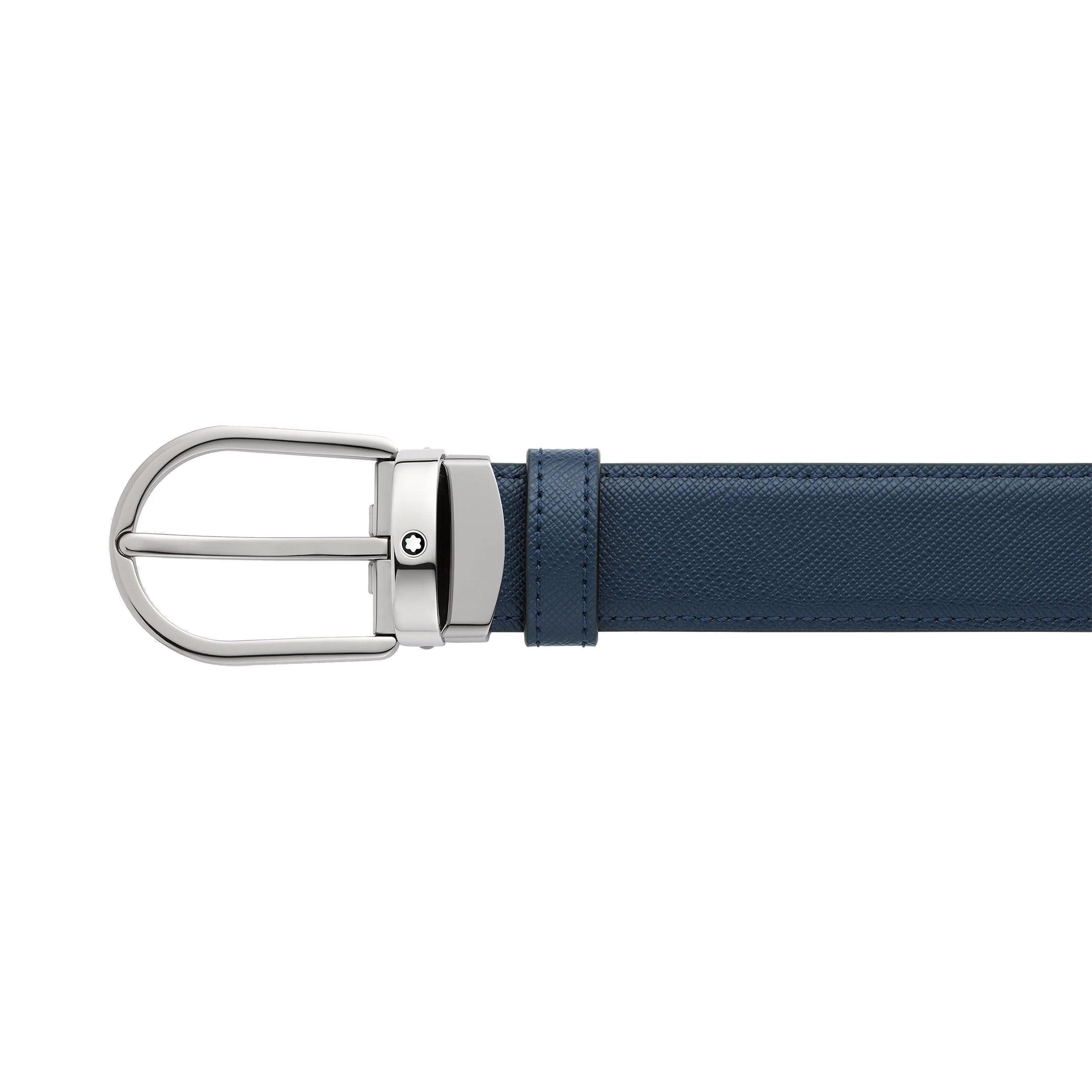 Montblanc cintura 30mm fibbia ferro di cavallo reversibile pelle Sartorial nera/blu 128763