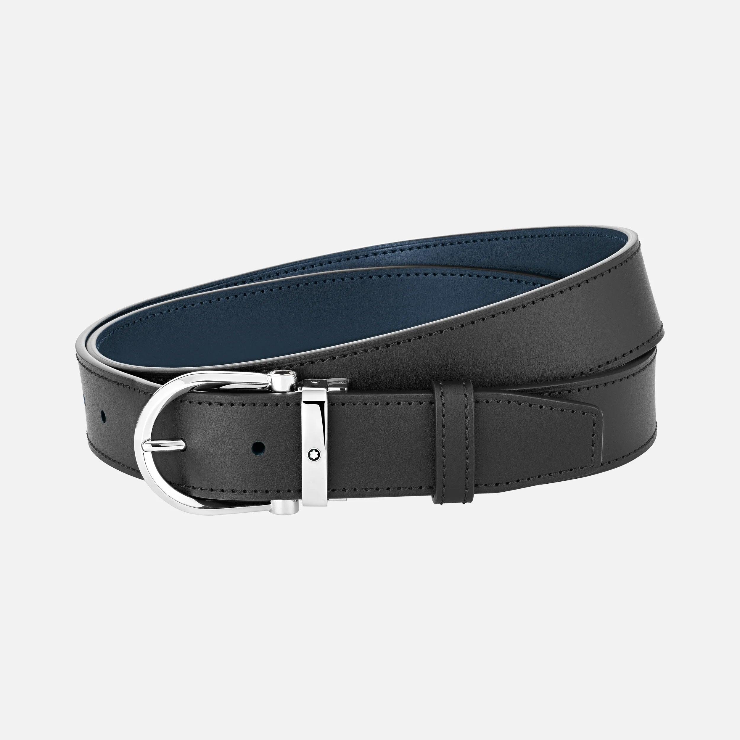 Montblanc cintura 35mm con fibbia a ferro di cavallo in pelle nera/blu reversibile misura regolabile 128784