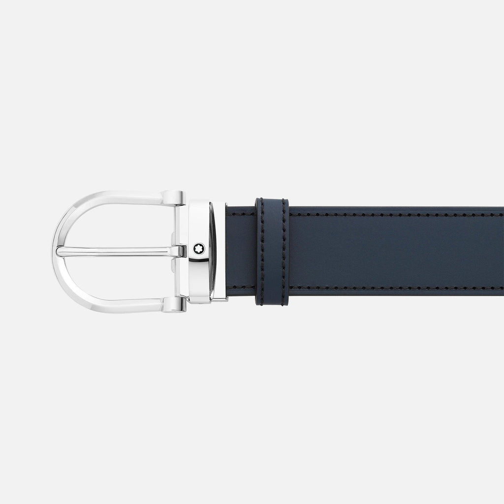 Montblanc cintura 35mm con fibbia a ferro di cavallo in pelle nera/blu reversibile misura regolabile 128784
