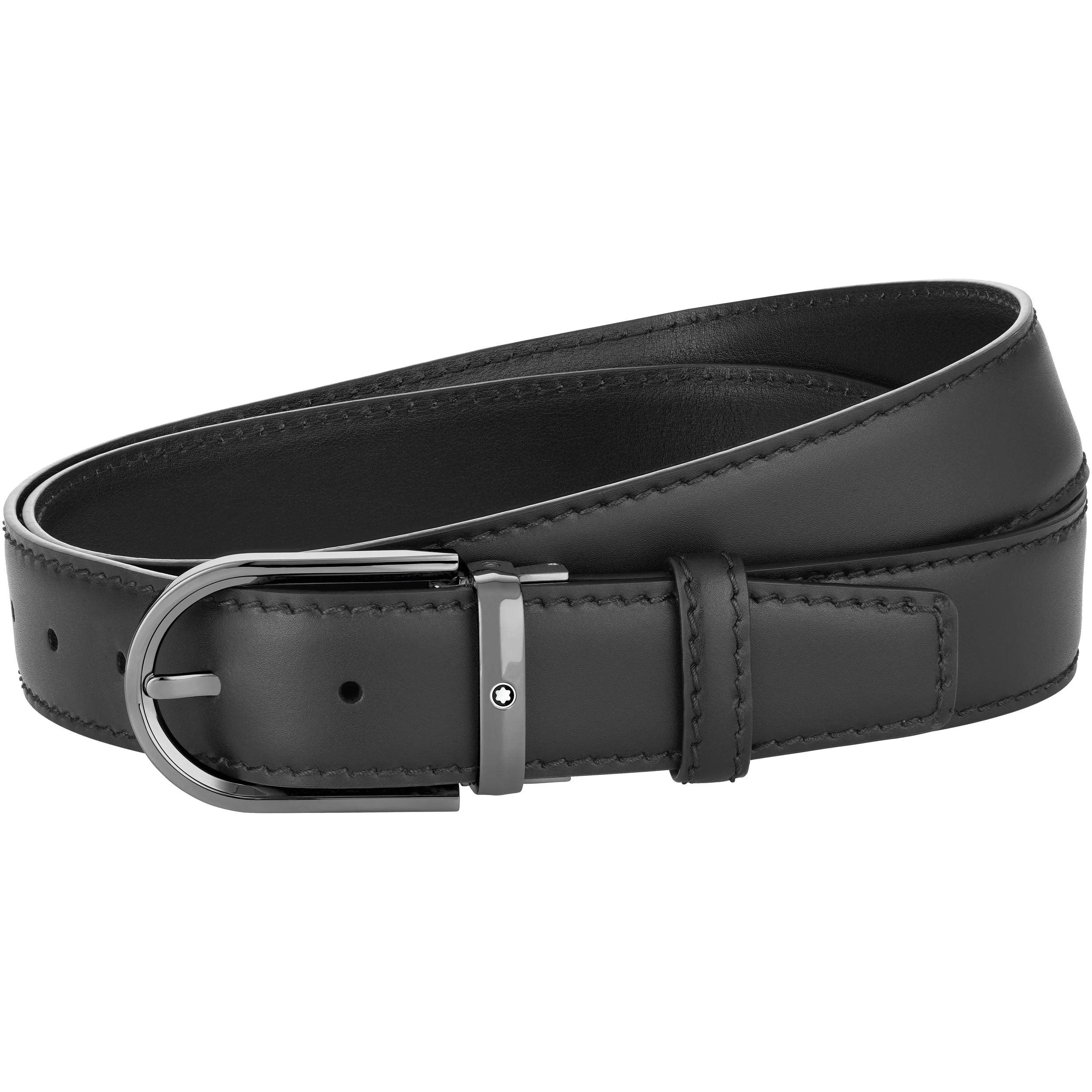 Montblanc cintura 35mm fibbia ferro di cavallo finitura rutenio pelle nera misura regolabile 128770