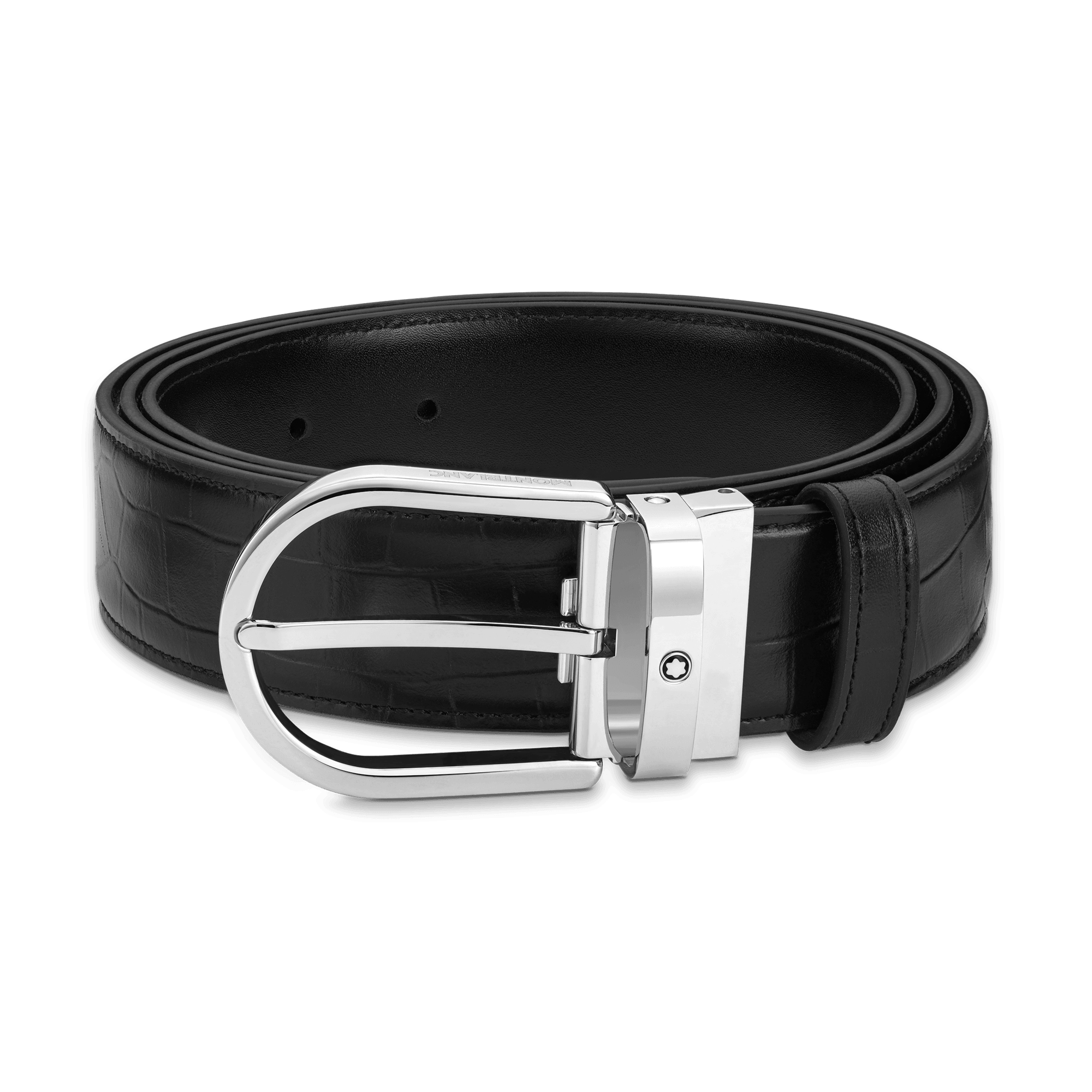 Montblanc cintura 35mm fibbia ferro di cavallo reversibile pelle nera liscia e stampata 130016