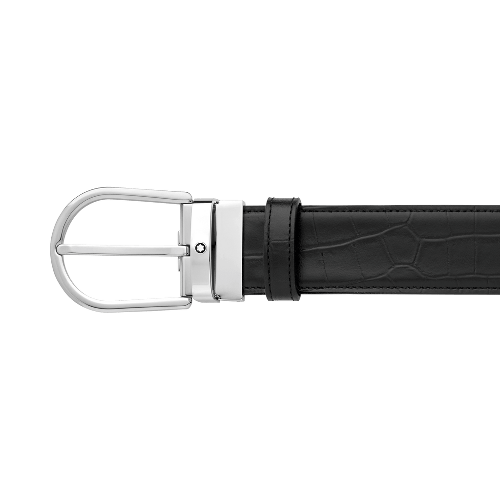 Montblanc cintura 35mm fibbia ferro di cavallo reversibile pelle nera liscia e stampata 130016
