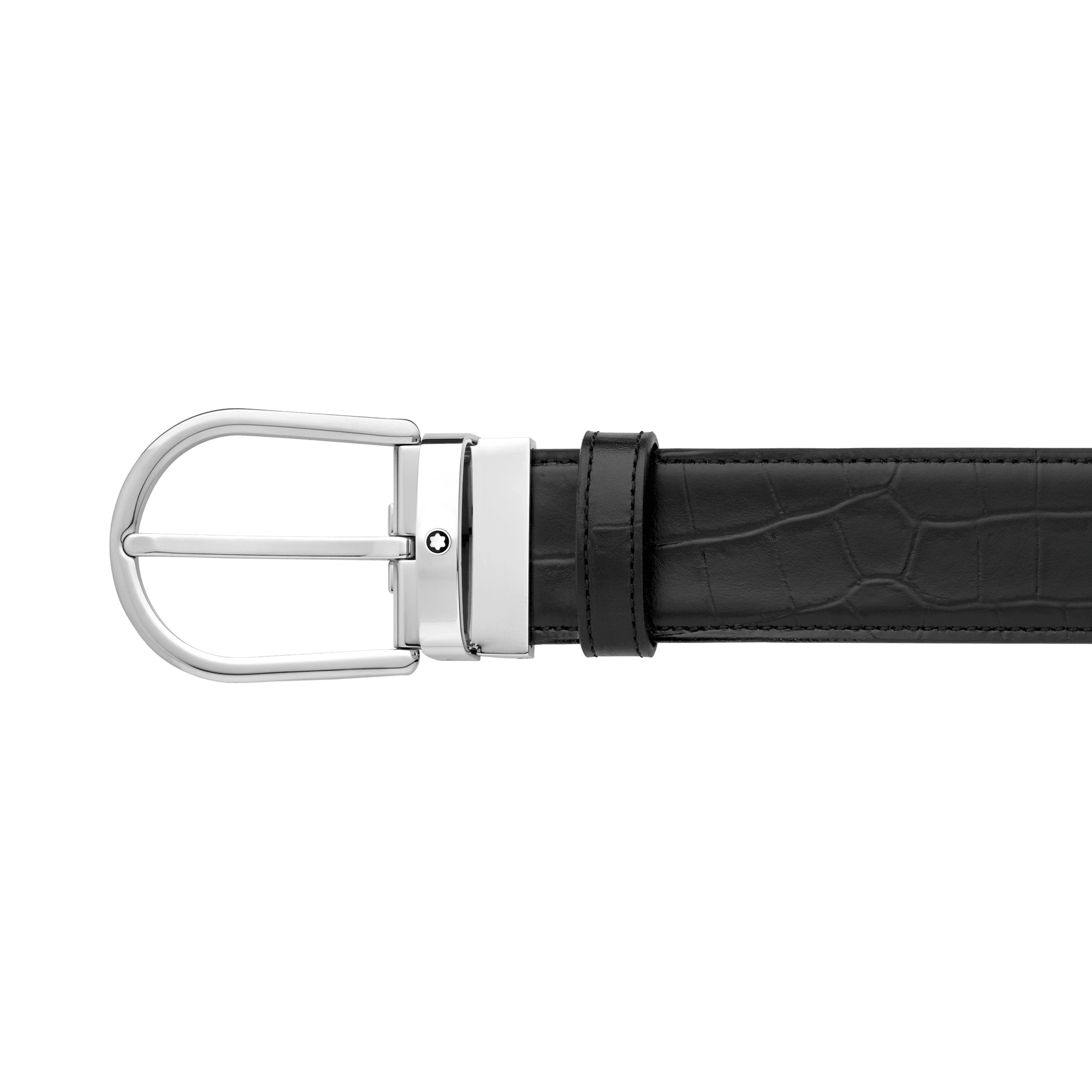 Montblanc cintura 35mm fibbia ferro di cavallo reversibile pelle nera liscia e stampata 130016