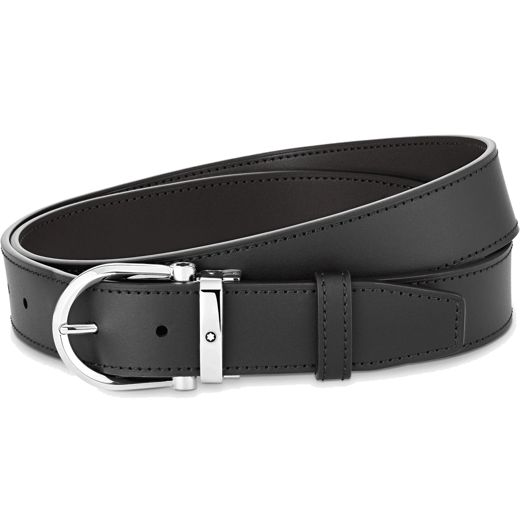 Montblanc cintura 35mm reversibile in pelle nera/marrone con fibbia a ferro di cavallo 128783