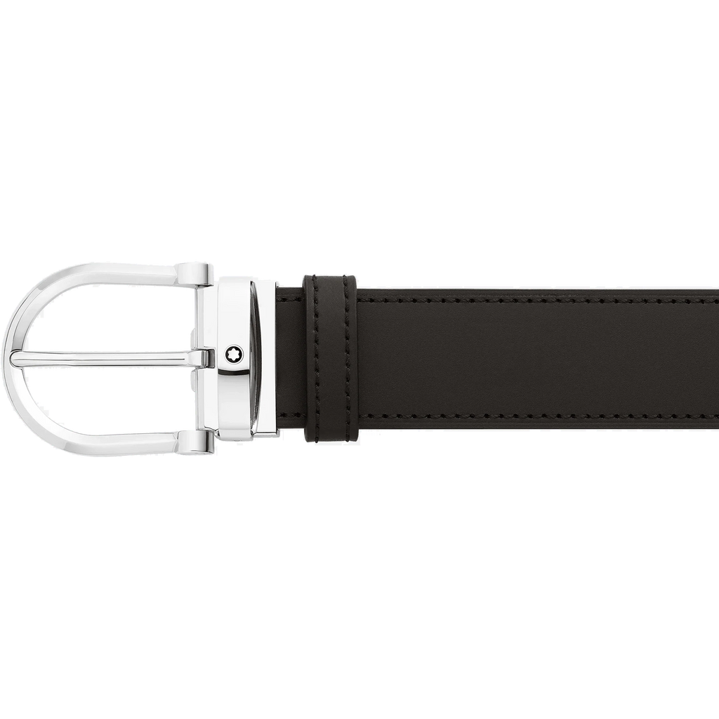 Montblanc cintura 35mm reversibile in pelle nera/marrone con fibbia a ferro di cavallo 128783