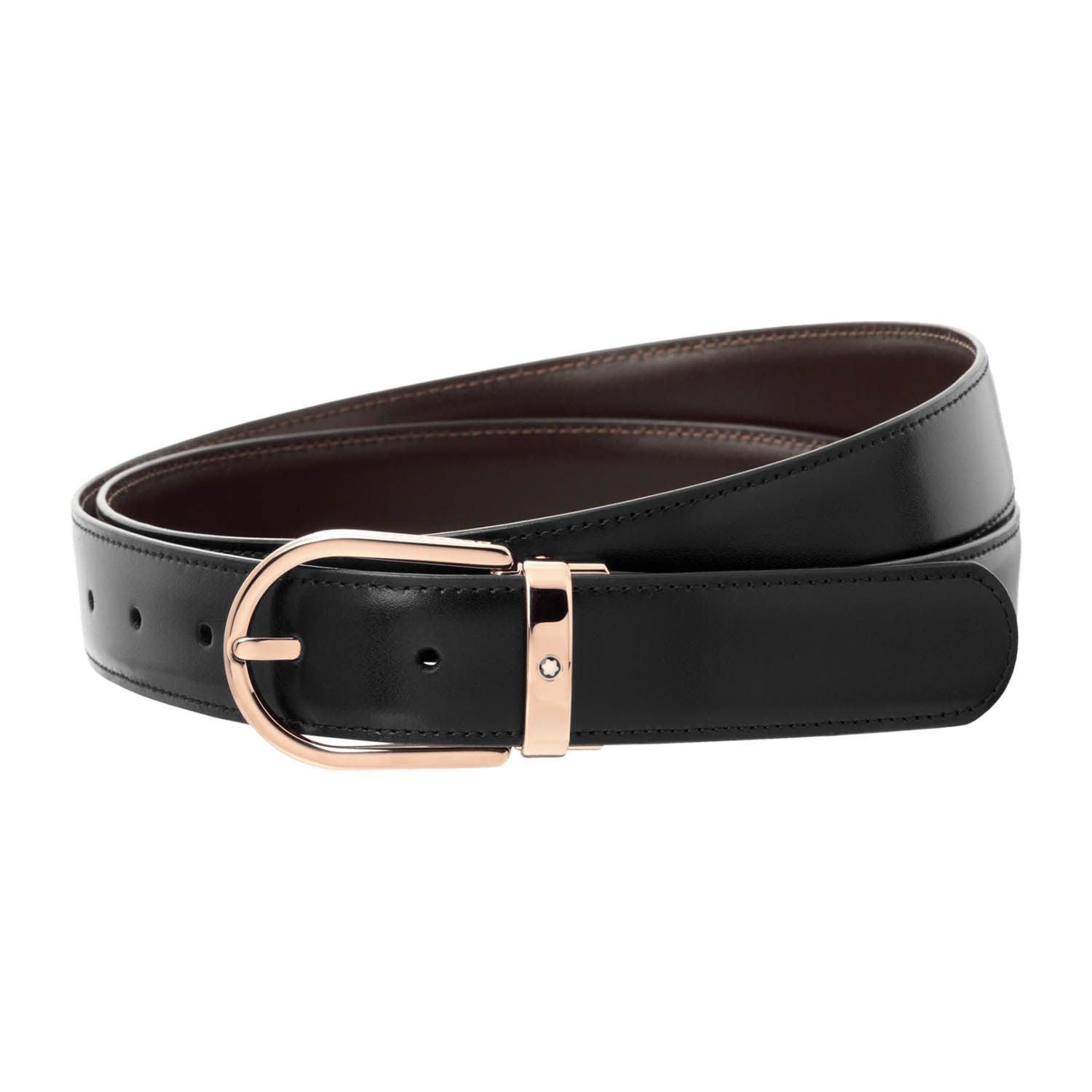 Montblanc cintura fibbia ferro di cavallo finitura oro rosa misura regolabile reversibile nera/marrone 111633