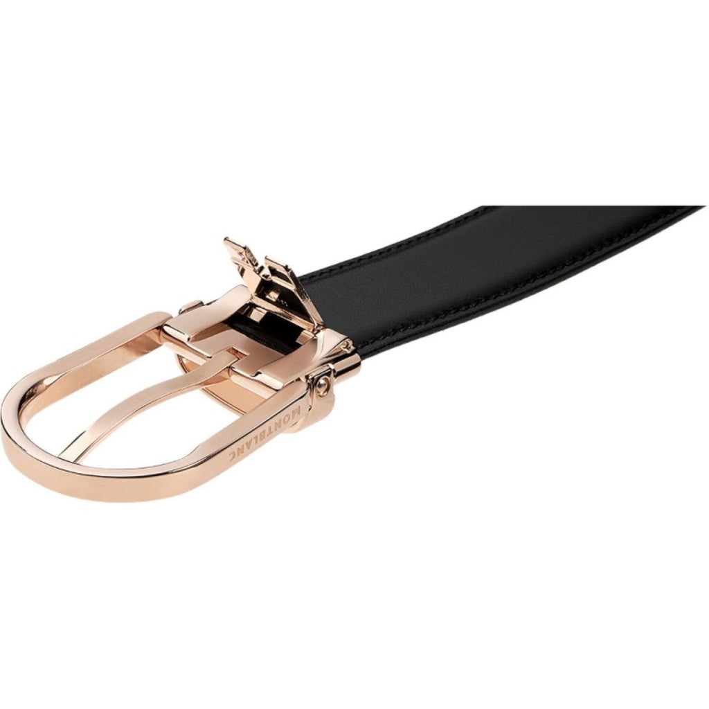 Montblanc cintura fibbia ferro di cavallo finitura oro rosa misura regolabile reversibile nera/marrone 111633