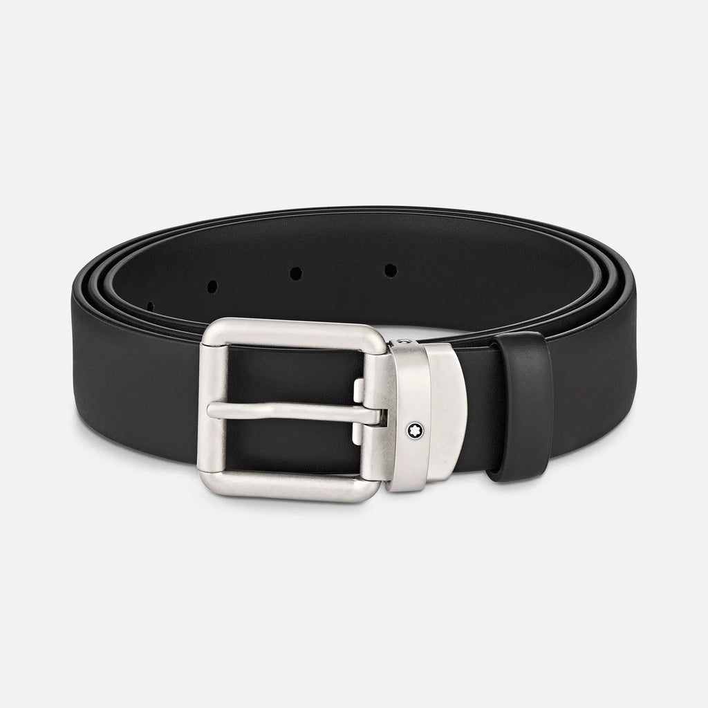 Montblanc cintura vintage in pelle nera 30mm fibbia rettangolare arrotondata satinata 129453