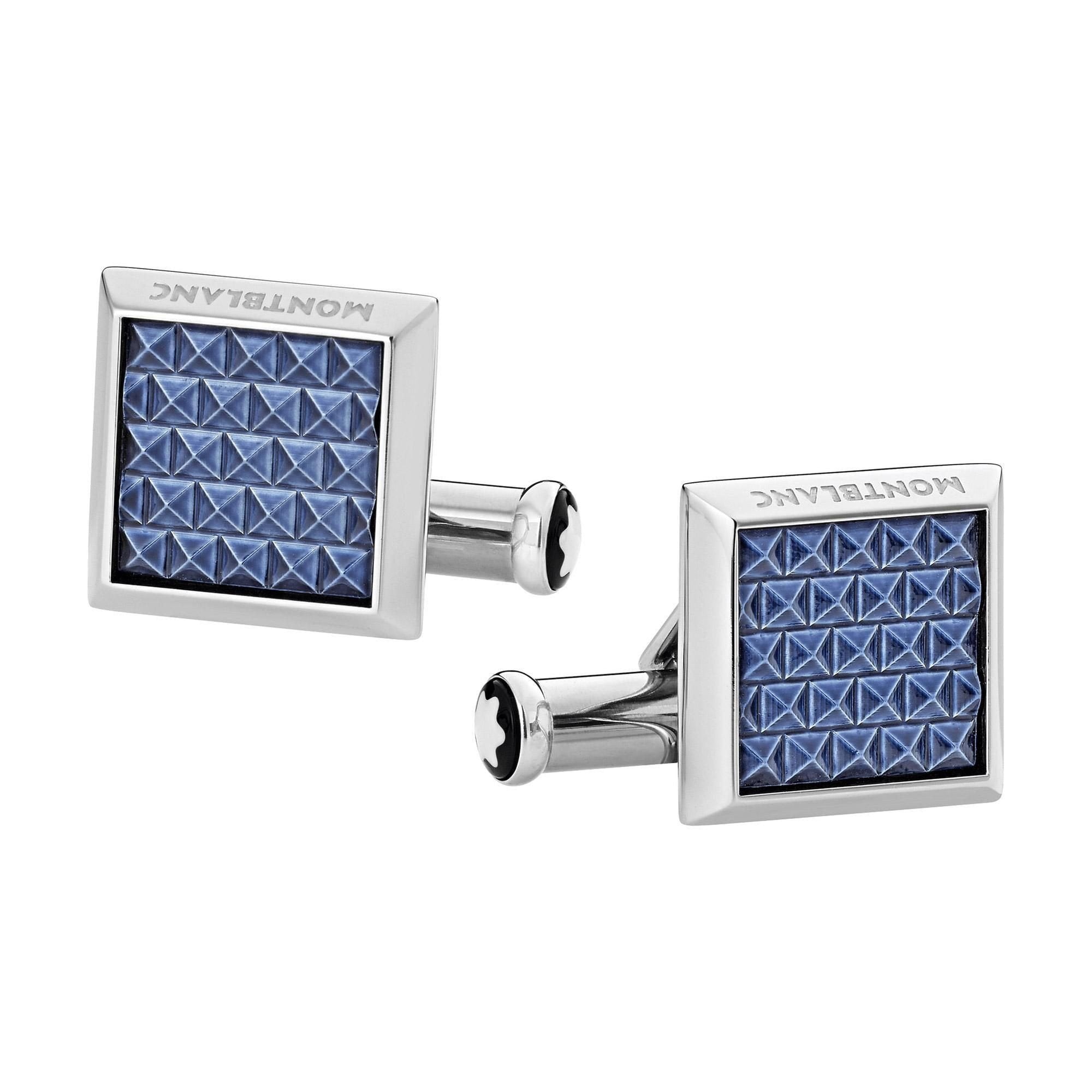 Montblanc gemelli rettangolari in acciaio pregiato con inserto blu lavorato 123805