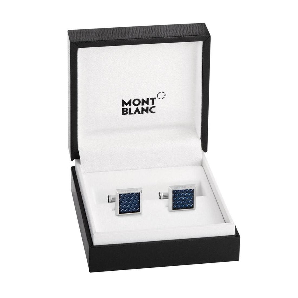 Montblanc gemelli rettangolari in acciaio pregiato con inserto blu lavorato 123805
