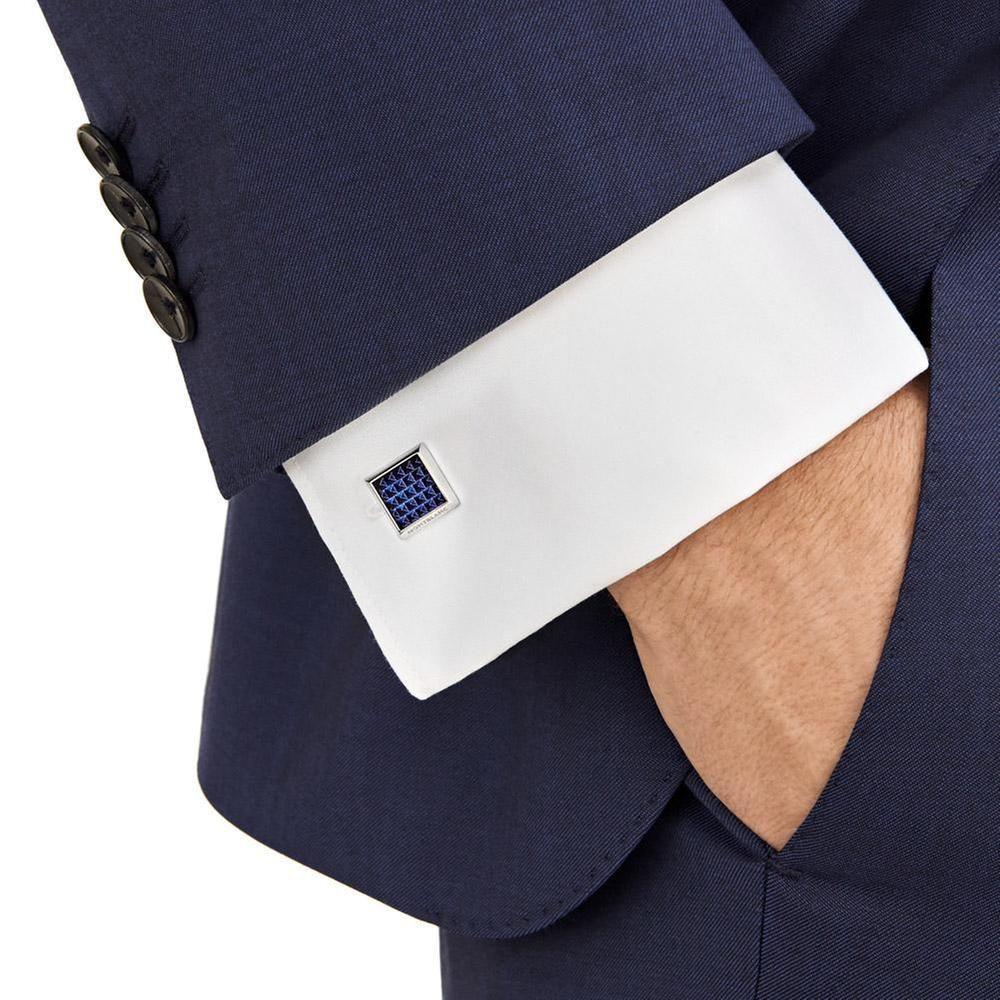 Montblanc gemelli rettangolari in acciaio pregiato con inserto blu lavorato 123805
