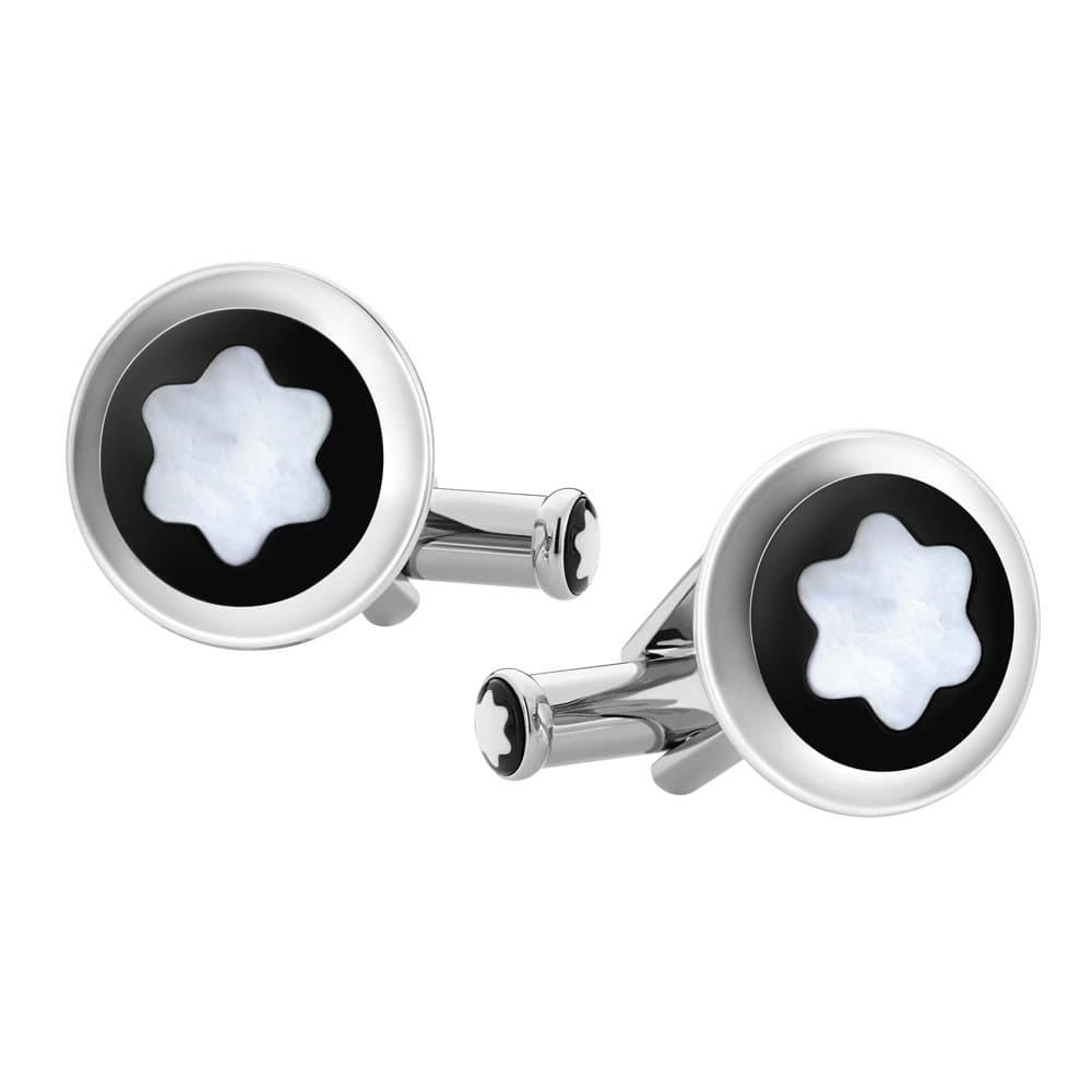 Montblanc gemelli Star rotondi acciaio pregiato con inserto PVD nero e madreperla 123810