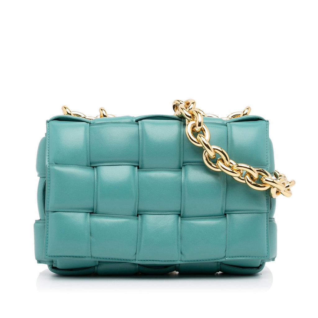 Bottega Veneta – Padded Cassette in pelle nappa blu con catena dorata – 18 x 26 x 6 cm