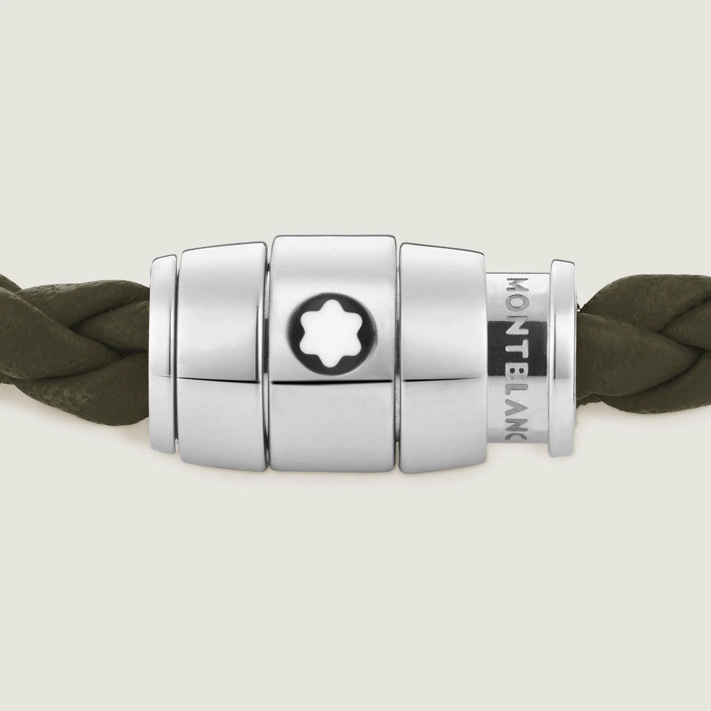 Montblanc bracciale in acciaio a 3 anelli e pelle Meisterstück Kaki misura M 13600463