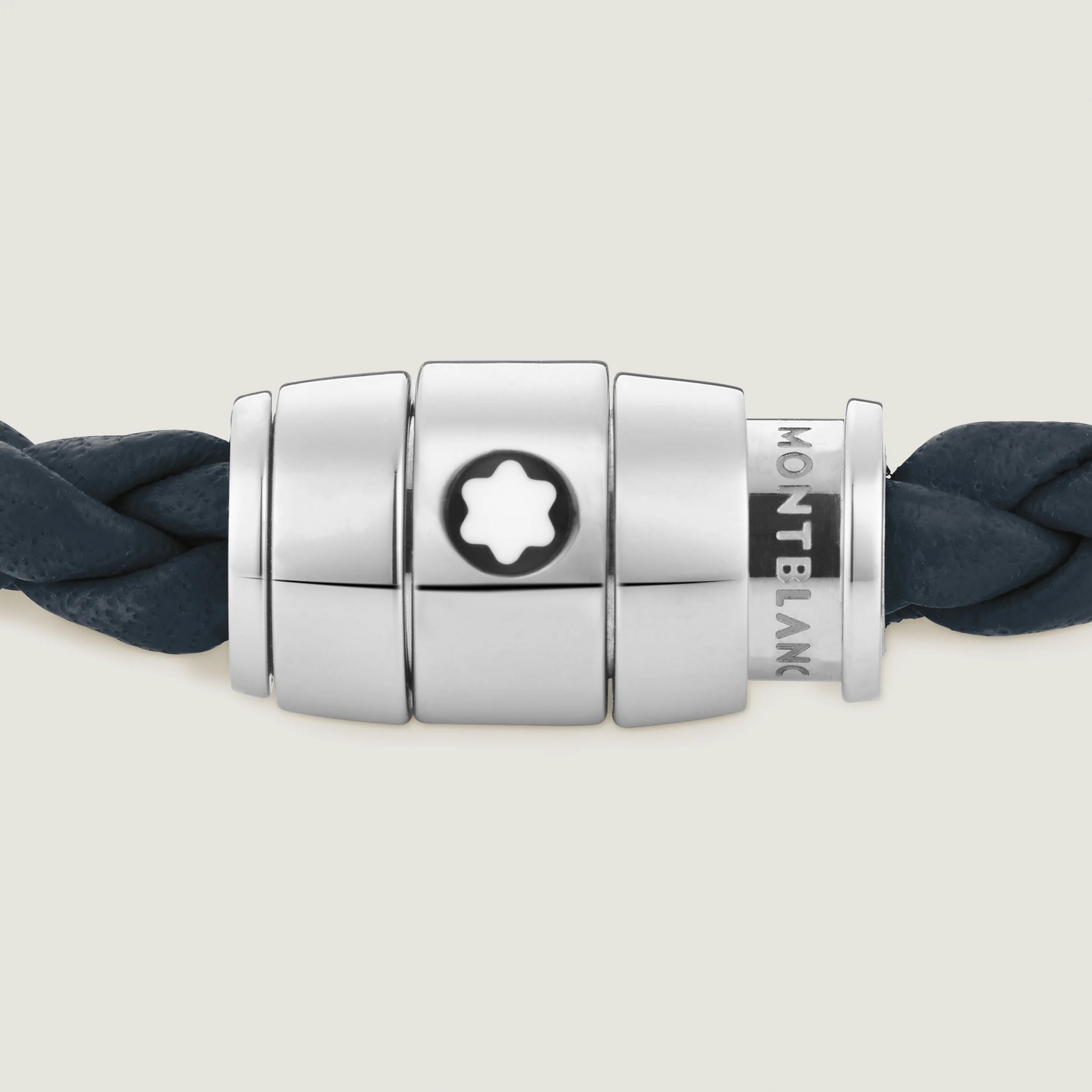 Montblanc bracciale in acciaio a 3 anelli e pelle Meisterstück Blu avio misura S 13601260
