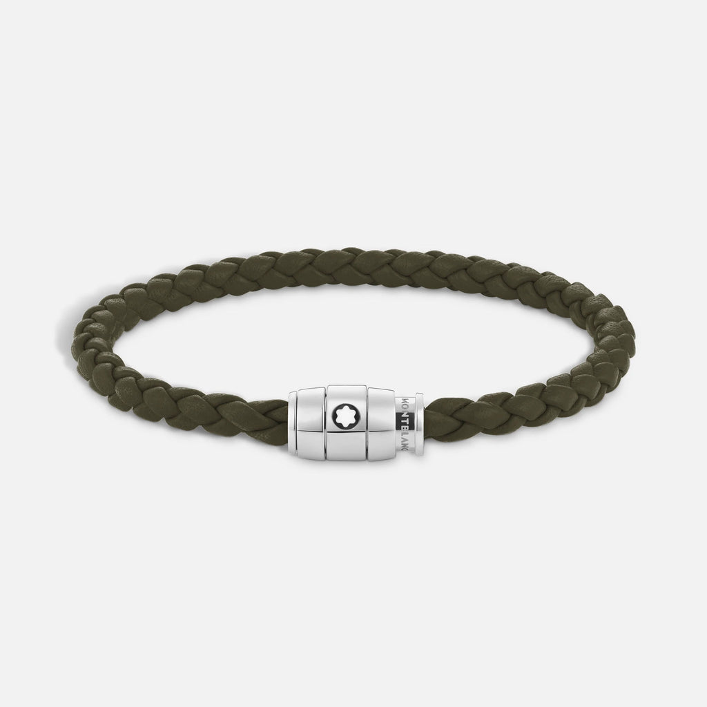 Montblanc bracciale in acciaio a 3 anelli e pelle Meisterstück Kaki misura S 13600360