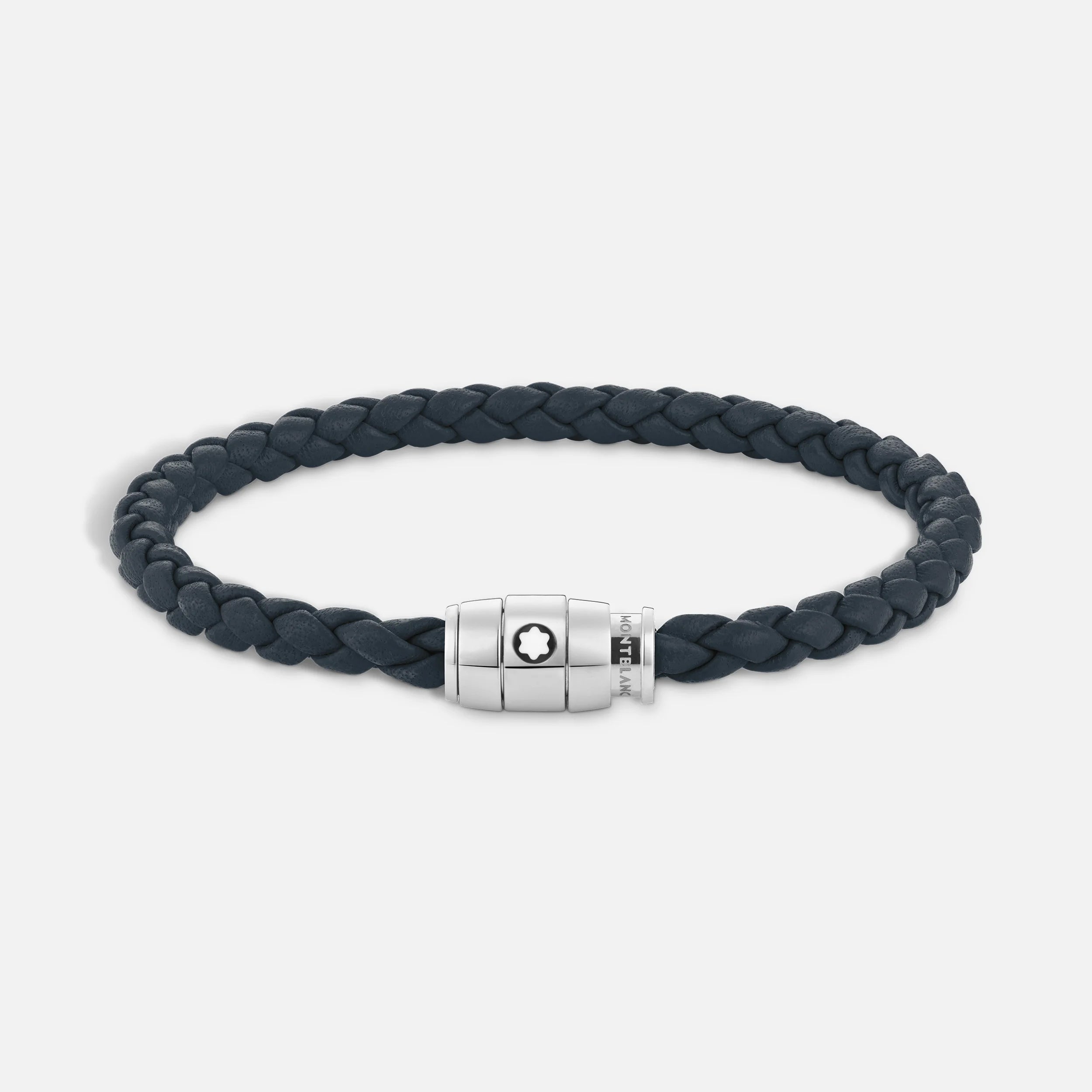 Montblanc bracciale in acciaio a 3 anelli e pelle Meisterstück Blu avio misura S 13601260