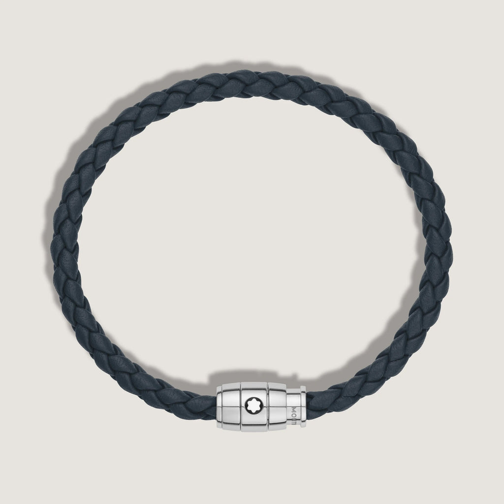 Montblanc bracciale in acciaio a 3 anelli e pelle Meisterstück Blu avio misura L 13601468