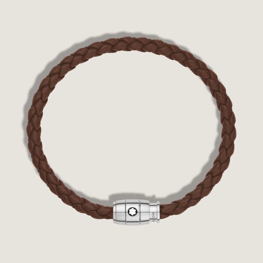 Montblanc bracciale in acciaio a 3 anelli e pelle Meisterstück Marrone Fulvo misura S 13600060