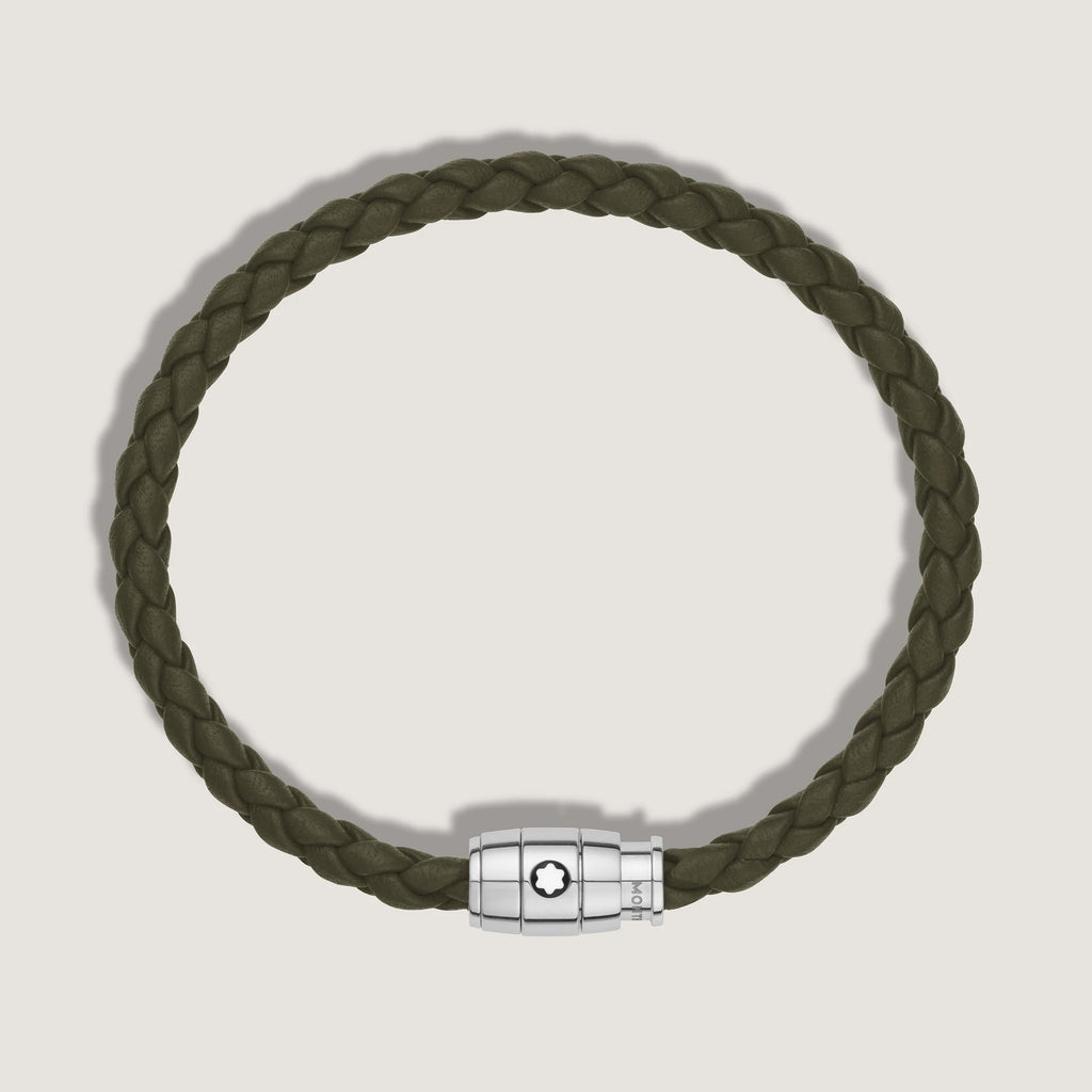 Montblanc bracciale in acciaio a 3 anelli e pelle Meisterstück Kaki misura S 13600360