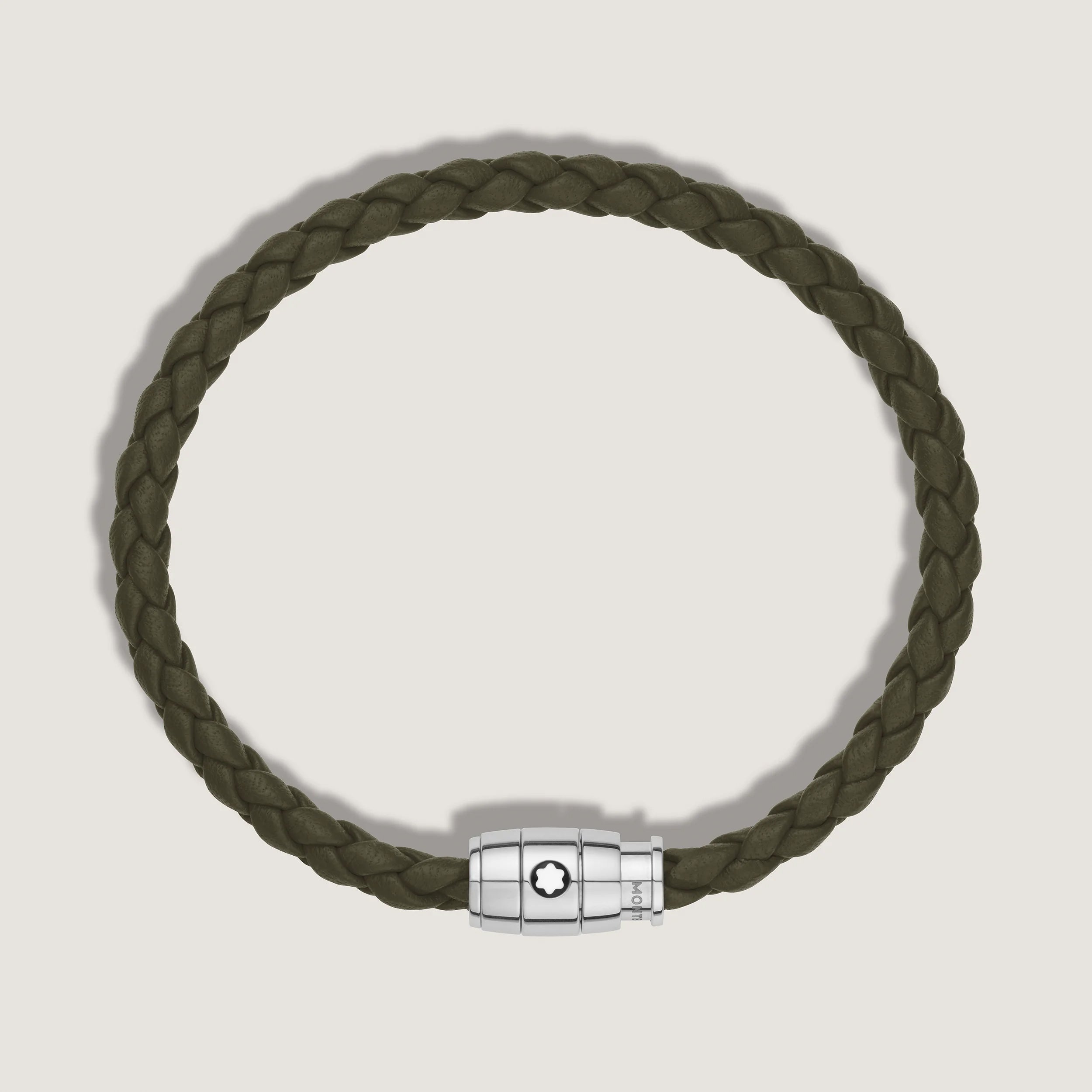 Montblanc bracciale in acciaio a 3 anelli e pelle Meisterstück Kaki misura S 13600360